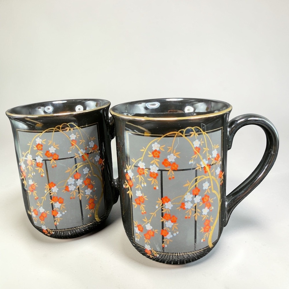 Otagiri Japan Cherry Blossom Coffee Mugs Set of 2 Black Gold Trim Vintage Floral